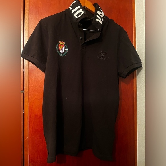Hummel Polo Shirt Sz L Justo Munoz Black VALLADOLID logo collar - Picture 3 of 10
